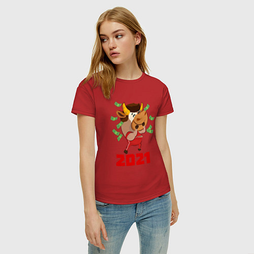 Женская футболка Бык разбрасывает деньги / Красный – фото 3