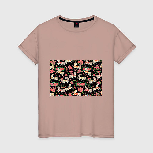 Женская футболка Лошади и цветы / Пыльно-розовый – фото 1