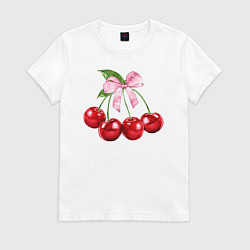 Футболка хлопковая женская Вишенки, цвет: белый