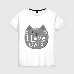 Футболка хлопковая женская I love cats, цвет: белый