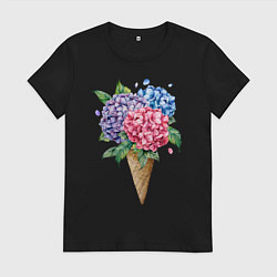 Футболка хлопковая женская Букет цветов в рожке, цвет: черный