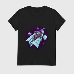 Футболка хлопковая женская Астронавт на самолетике, цвет: черный