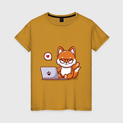 Футболка хлопковая женская Cute fox and laptop, цвет: горчичный