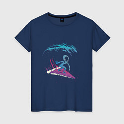 Футболка хлопковая женская Инопланетный серфинг на пицце, цвет: тёмно-синий