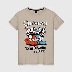 Футболка хлопковая женская Cuphead, Dont deal with devil, цвет: миндальный