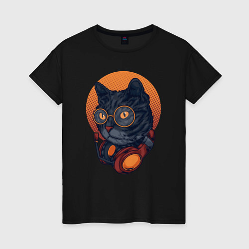 Женская футболка D j Cat Кот диджей / Черный – фото 1