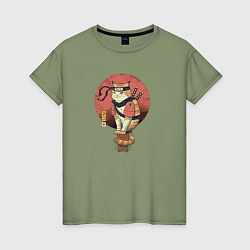 Футболка хлопковая женская Кот самурай, цвет: авокадо