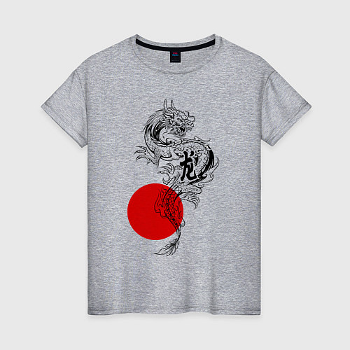 Женская футболка Дракон на фоне красного солнца / Меланж – фото 1