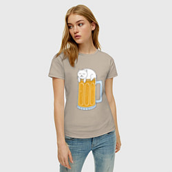 Футболка хлопковая женская Beer Cat, цвет: миндальный — фото 2