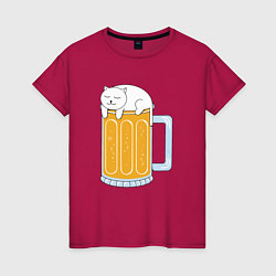Футболка хлопковая женская Beer Cat, цвет: маджента