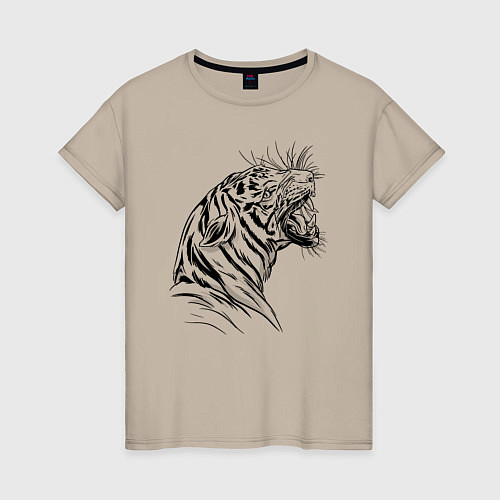 Женская футболка Чёрно белый рисунок тигра / Миндальный – фото 1