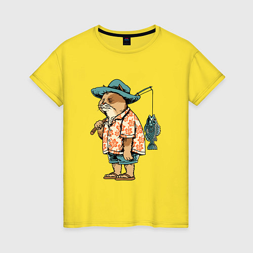 Женская футболка Кот рыбак / Желтый – фото 1
