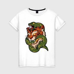 Футболка хлопковая женская Тигр кусает змею, цвет: белый