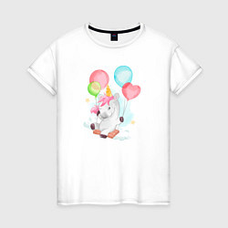 Футболка хлопковая женская Единорог с воздушными шариками, цвет: белый