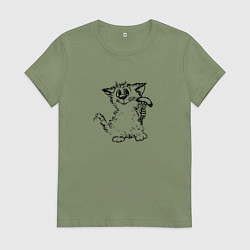 Футболка хлопковая женская Котенок с вилкой и сосиской, цвет: авокадо