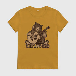 Футболка хлопковая женская Медведь играет на гитаре, цвет: горчичный
