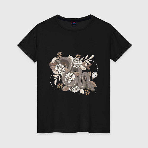 Женская футболка Черная змея и цветы / Черный – фото 1