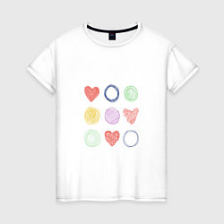 Футболка хлопковая женская Цветные сердца и круги, цвет: белый