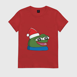 Футболка хлопковая женская Pepe, pepe happy, Пепе хеппи, pepe happy new year, цвет: красный