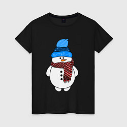 Футболка хлопковая женская Снеговик в шапочке, цвет: черный