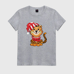 Футболка хлопковая женская Тигренок в шапке и в шарфе, цвет: меланж