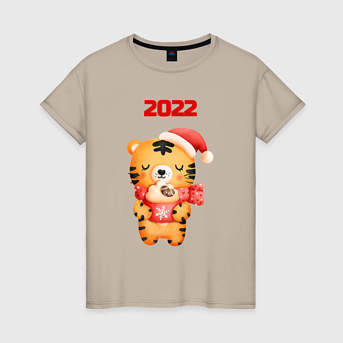 Женская футболка Праздничный тигренок 2022 / Миндальный – фото 1