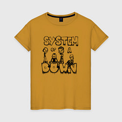 Футболка хлопковая женская Карикатура на группу System of a Down, цвет: горчичный