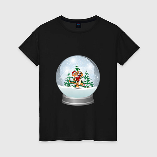 Женская футболка Снежный шар с тигром / Черный – фото 1