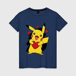 Футболка хлопковая женская ПИКАЧУ И СЕРДЕЧКО POKENON PIKACHU LOVE, цвет: тёмно-синий