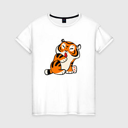 Футболка хлопковая женская Забавный тигр показывает язык, цвет: белый