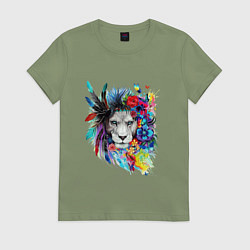 Футболка хлопковая женская Лев в цветах и перьях, цвет: авокадо