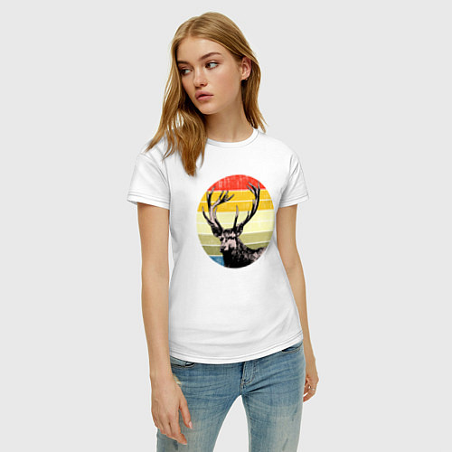 Женская футболка Олень на закате винтажный стиль / Белый – фото 3