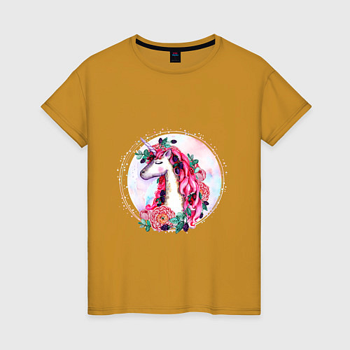 Женская футболка Единорог среди цветов и ягод Акварель / Горчичный – фото 1