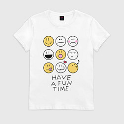 Футболка хлопковая женская Have a fun time - emoji, цвет: белый