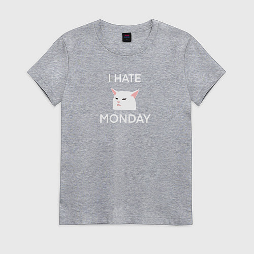 Женская футболка I hate monday текст с котом / Меланж – фото 1