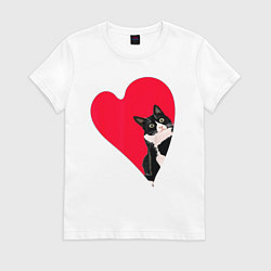 Футболка хлопковая женская Кот в валентинке, цвет: белый