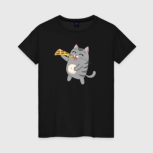 Женская футболка Кот с кусочком пиццы / Черный – фото 1