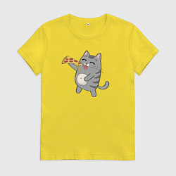 Футболка хлопковая женская Кот с кусочком пиццы, цвет: желтый