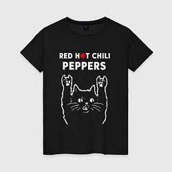 Футболка хлопковая женская Red Hot Chili Peppers Рок кот, цвет: черный