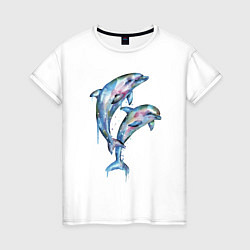 Футболка хлопковая женская Dolphins Watercolour, цвет: белый