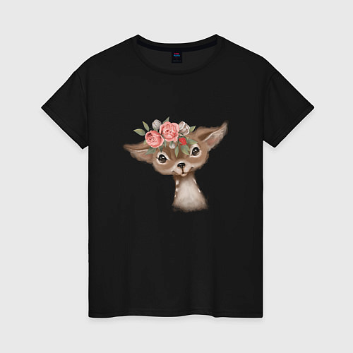 Женская футболка Олененок с цветами / Черный – фото 1