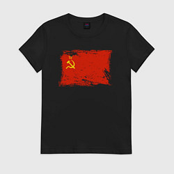 Футболка хлопковая женская Рваный флаг СССР, цвет: черный