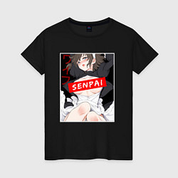 Футболка хлопковая женская Девушка и надпись Senpai Ahegao, цвет: черный