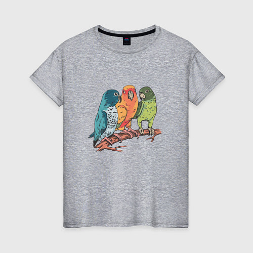 Женская футболка Три волнистых попугая на ветке / Меланж – фото 1