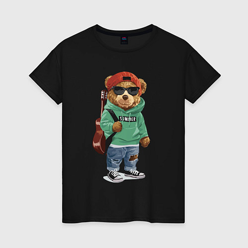 Женская футболка Прикольный мишутка гитарист Cool teddy bear guitar / Черный – фото 1
