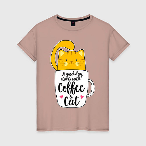 Женская футболка Хорошее утро начинается с кофе и кошек / Пыльно-розовый – фото 1