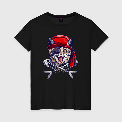 Женская футболка Кот пират и рыбьи кости / Черный – фото 1
