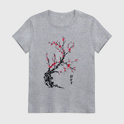 Футболка хлопковая женская Сакура с иероглифами, цвет: меланж