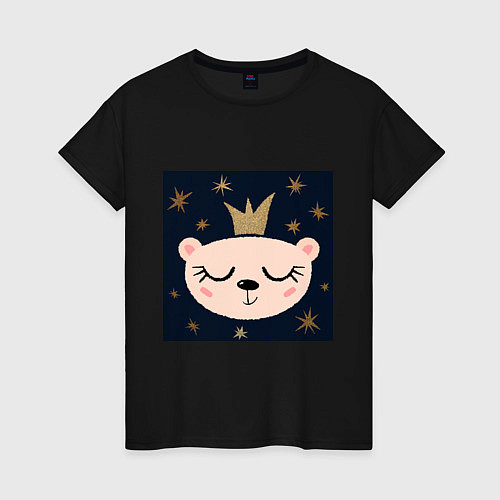 Женская футболка Портрет мимимишного белого медвежонка в короне на / Черный – фото 1