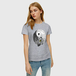 Футболка хлопковая женская Инь Янь по совиному, цвет: меланж — фото 2